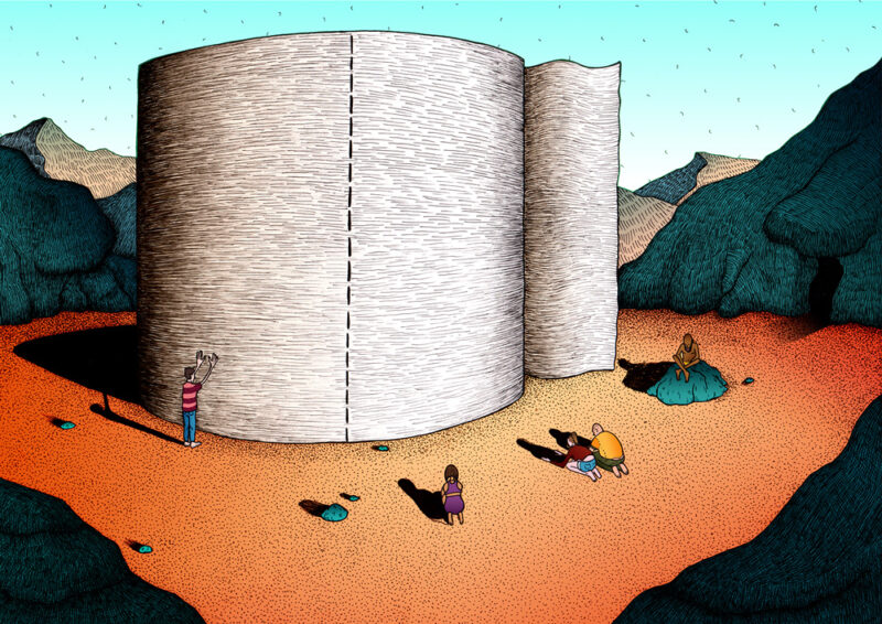 Mixed traditional and digital illustration of a group of people praying and worshipping a giant roll of toilet tissue, set between dark blue-green mountains, atop orange sand, with a bright blue sky in the background.