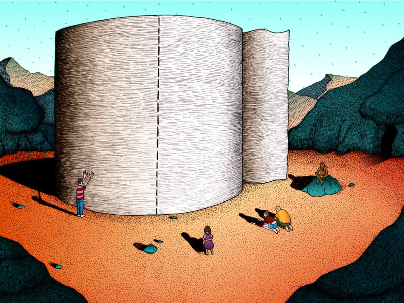 Mixed traditional and digital illustration of a group of people praying and worshipping a giant roll of toilet tissue, set between dark blue-green mountains, atop orange sand, with a bright blue sky in the background.
