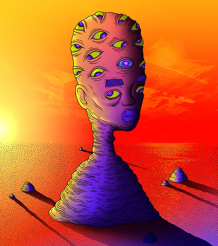 Mixed traditional and digital illustration of a giant pink rock head with a dozen green eyes and purple pupils in the middle of a desert, set against a bright yellow sun and orange sky.