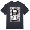 Back of a black t-shirt with artwork of a woman with a blindfold on and the heads of monsters in the background.