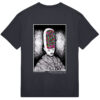 Back of a black t-shirt with artwork of a man with a giant head filled with colourful thoughts. the background is textured.