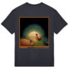 Back of a black t-shirt with artwork of a man kneeling down on a beat looking into the water where there is a boat. there is a bright yellow sun rising in the background with two monsters stalking the water.