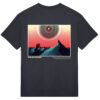 Back of a black t-shirt with artwork of a man sitting on a mountain looking at a monster