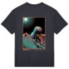 Back of a black t-shirt with artwork of a man stumbling in a desert with a large object on his back. in the background there are mountains and a moon.