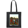Black cotton canvas tote bag with artwork of a group of giant people from various cultures standing in a field, with chains dangling from their arms and houses wrapped around their torsos.
