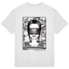 Back of a White t-shirt with artwork of a woman with a blindfold on and the heads of monsters in the background.
