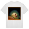 Back of a white t-shirt with artwork of a man kneeling down on a beat looking into the water where there is a boat. there is a bright yellow sun rising in the background with two monsters stalking the water.