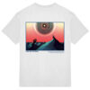 Back of a white t-shirt with artwork of a man sitting on a mountain looking at a monster