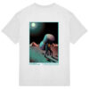 Back of a white t-shirt with artwork of a man stumbling in a desert with a large object on his back. in the background there are mountains and a moon.