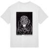 Back of a white t-shirt with artwork of a face being covered by a hair-like texture with an eye positioned in the center of the forehead. The person is surrounded by tentacles.