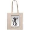 Off-white cotton canvas tote bag of a giant muscular monster with arms firmly placed on the back of a man with an elongated head, holding him down.