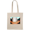 Off-white cotton canvas tote bag with artwork of a group of people praying and worshipping a giant roll of toilet tissue, set between dark blue-green mountains, atop orange sand, with a bright blue sky in the background.